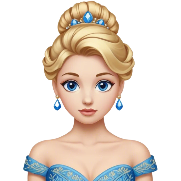 Cinematic Realistic Cinderella Portrait, depicted with lifelike skin texture, subtle rosy undertones, and soft natural lighting that enhances the gentle contours of her face. Her intricately detailed golden blonde hair is elegantly styled in an updo, with delicate wisps framing her face. Her deep, expressive blue eyes radiate warmth and sincerity, reflecting a quiet resilience and grace. She holds a glass slipper gently in one hand, her other hand resting gracefully at her side, emphasizing the timeless beauty of the moment. She is dressed in her iconic ball gown, the fabric shimmering with intricate embroidery and fine translucent layers that catch the light beautifully. The soft sheen of satin gloves adds a magical touch to her graceful pose. The portrait features an enchanting glow with a natural, luminous finish, seamlessly blending realism and fairytale charm to evoke a sense of depth, elegance, and timeless beauty. emoji