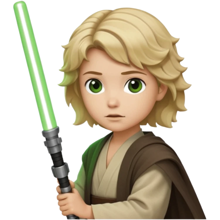 Young jedi with sandy blonde wavy short hair holding a green lightsaber emoji