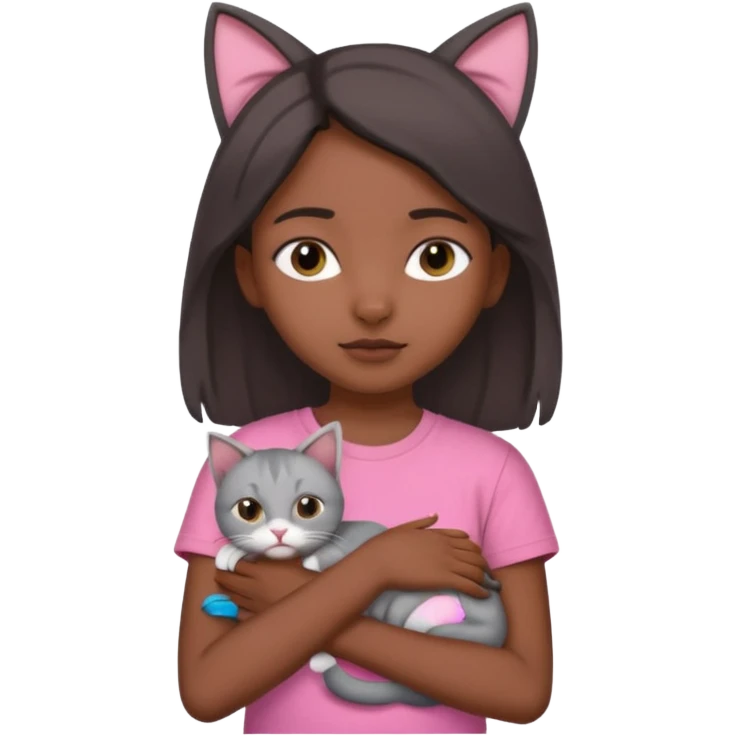 An Indian teenager girl with a pink t-shirt holding her gray cat with folded ears emoji