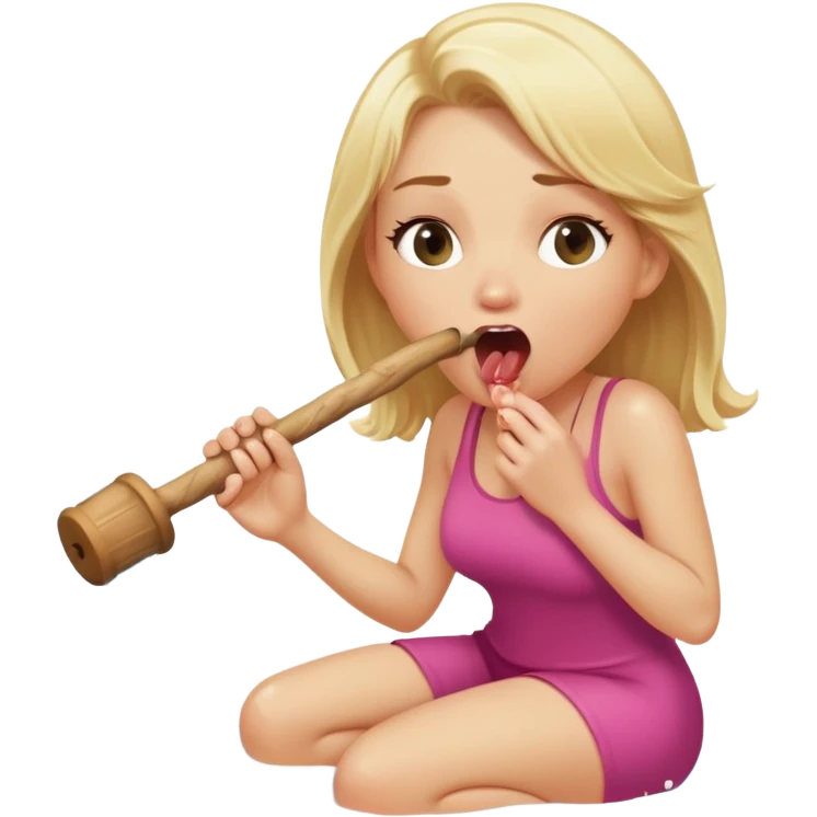 blond woman sitting on her knees, biting a wide stick with a D-shaped knob, both the same color as her skin, the knob has visible skin texture, water jet shooting from the flat side of the knob into her mouth, surprised look emoji
