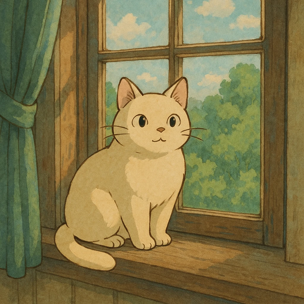 cute cat sitting on a windowsill, ghibli style emoji