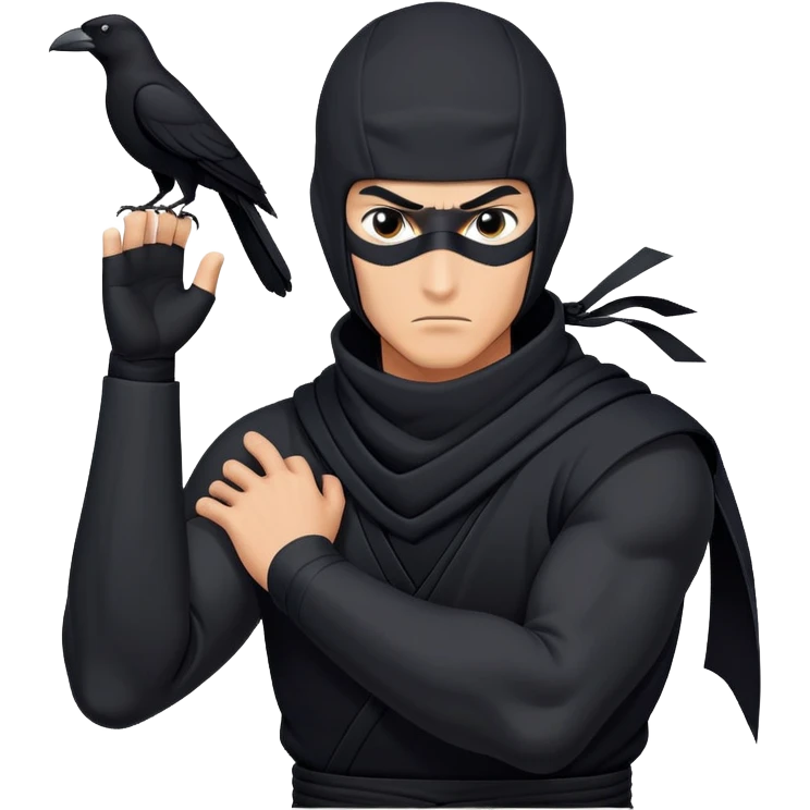 clash-of-clans-aesthetic_-cinematic-mysterious-male-ninja-portrait-emoji, rendered in a flat, vector-style with minimal shading and bold, simplified shapes, his arm is stretched out  with a head slightly turned revealing intense, focused eyes. the ninja has his arm out and perched on top of his forearm is  a  giant black crow emoji