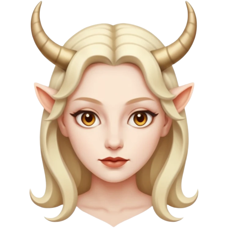 Woman with subtle horns, smooth skin and sharp gaze, divine corruption emoji