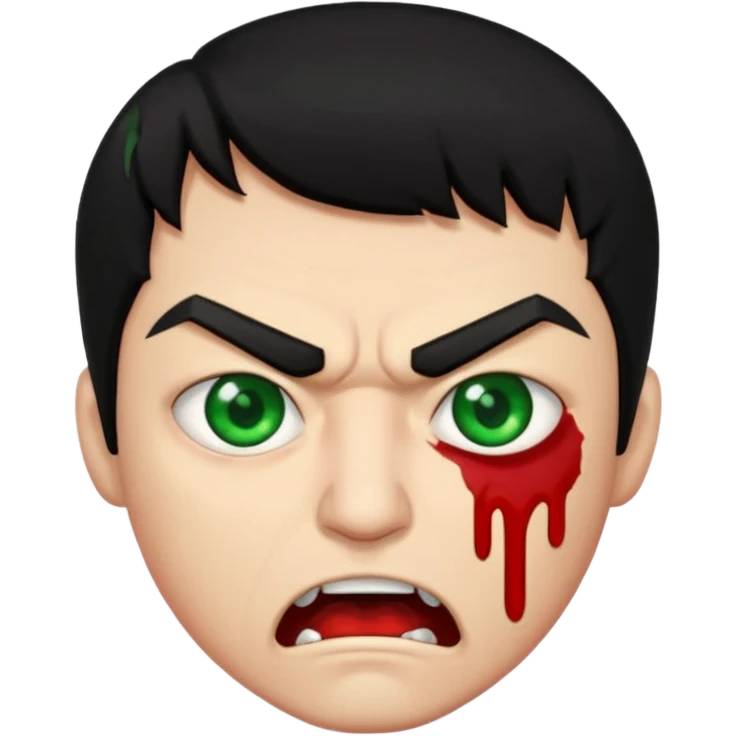guy with black hair and blood at the mouth with green eyes very angry emoji