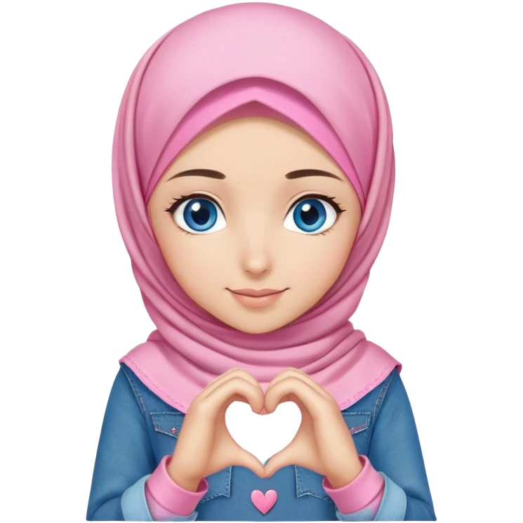 Turkish beautiful finish Konya girl blue eyes with denim and pink hijab islamic dress and making heart with hands and with thank you text emoji