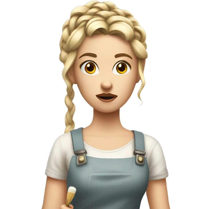 "A young woman with braided blond hair, fair skin, and a lively but slightly worried expression. She wears a simple dress, holding a brush with wite paint dripping from it." emoji