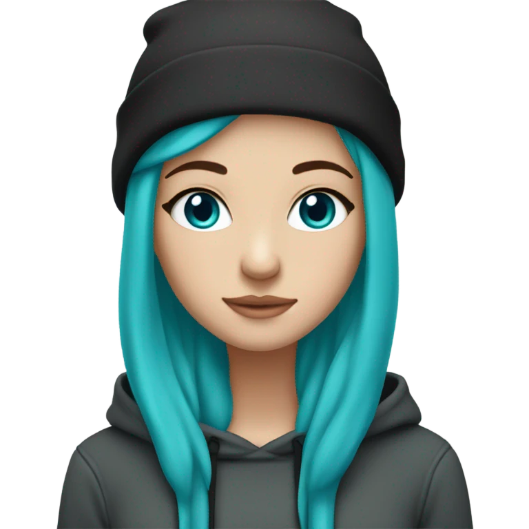 White girl, blue eyes, long teal hair, purple beanie hat, black hoodie emoji