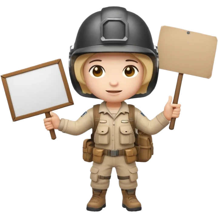 Create a cute emoji-style PUBG Mobile character, chibi version with helmet and backpack, standing in victory pose, holding a blank white sign or paper sheet in both hands in front of chest, ready for text, clean white background, simple emoji design” emoji