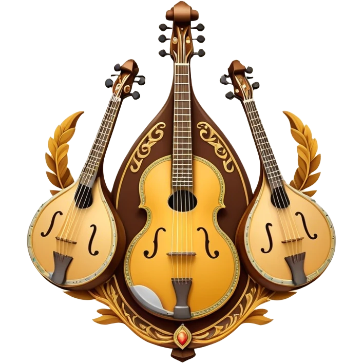 Design a sophisticated and festive emblem-like emoji representing plucked and stringed instruments. The layout should resemble a heraldic crest, featuring iconic instruments like a banjo, mandolin, domra, and sitar, artistically arranged in an elegant and symmetrical way. The necks of the instruments should be intertwined with a flowing ribbon of musical notes, winding around the strings and fretboards. The design should be detailed, showcasing the intricate carvings on the instruments, visible strings, and fret markers. Use a rich color palette with deep golds, browns, and vibrant accents to evoke a sense of luxury and celebration. The musical notes should appear to float around the instruments, connecting them in a graceful, dynamic way. Include ornate flourishes or decorative elements like laurels, swirls, or subtle engravings to give the image a professional, emblematic appearance. The background should be transparent. emoji