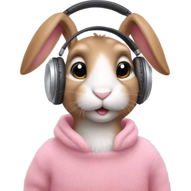 Bunny wearing white headphones and pink fur sweater emoji