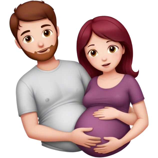 Beautiful burgundy haired pregnant girl with dark haired boyfriend holding stomach emoji
