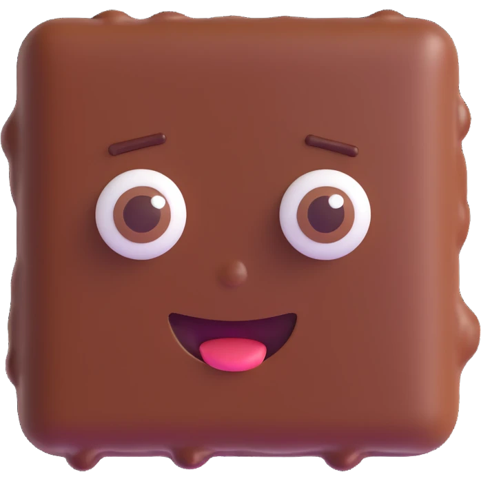 Rectangular chocolate mini pastry, slightly tilted, squished chocolate, crazy wide eyes, open mouth, text above: "ПАСТИЧКА", chibi style, Twitch emoji style, transparent background, colorful emoji