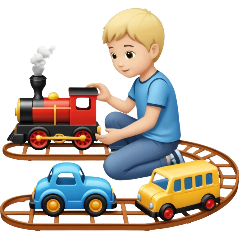 child playing with both toy cars and trains emoji
