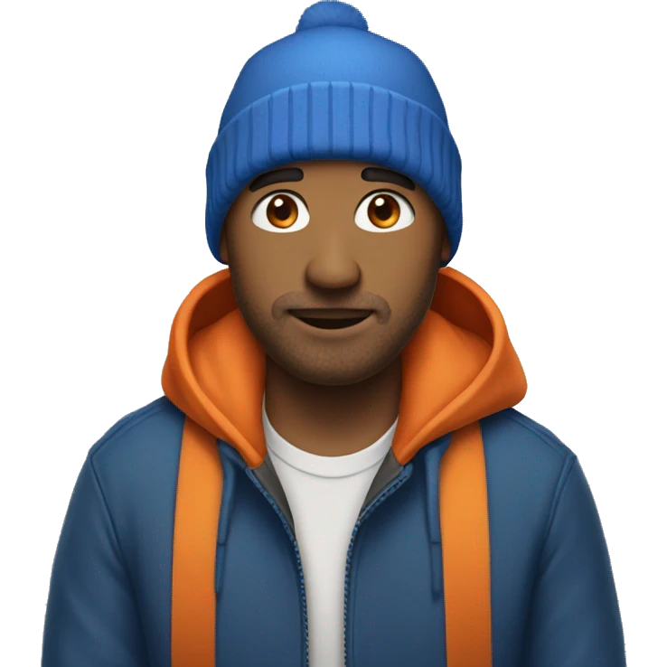a man with a blue jacket and an orange beanie emoji