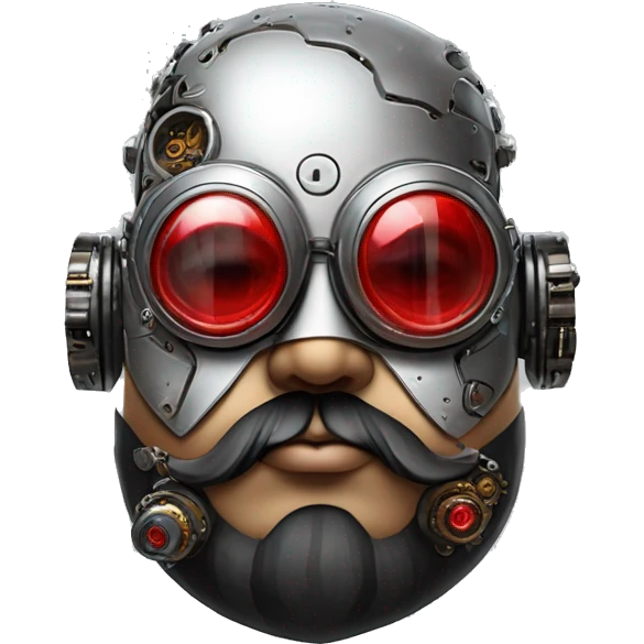 Fat cyborg head with red silver steampunk goggles, black beard and circuits emoji