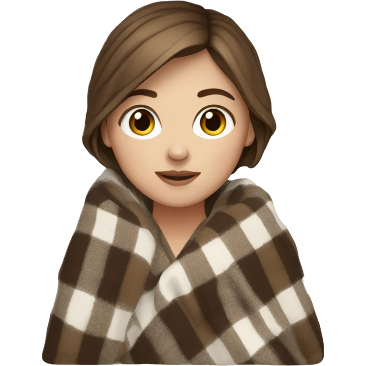 white girl short brown hair wrapped in cozy plaid blanket emoji