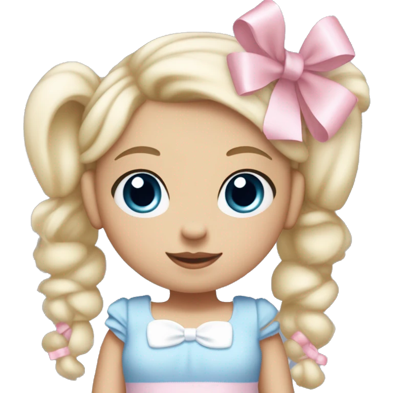 Little  babygirl with White skin, blue eyes. Light blonde hair in two ponytails, with light pink bows.  She is wearing a light pink and White dress, holding a teddybear with a pink bow. emoji