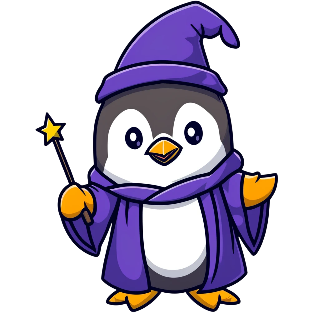 penguin wearing a wizard hat and robe, holding a magic wand emoji
