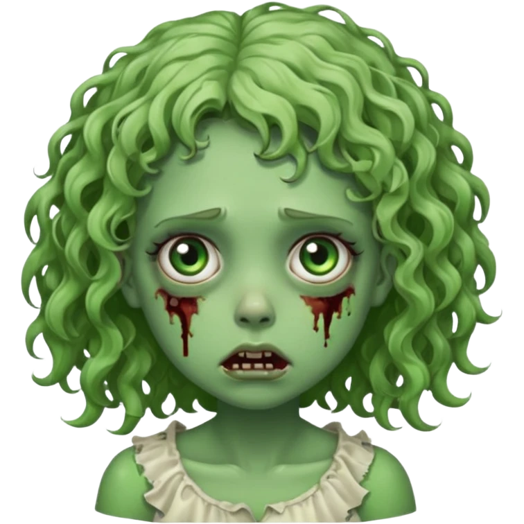 Uma garota zumbi com o cabelo cacheado baixo e mecha descolorida,olho meio grande e bonitos e rosto redondo bem fofinha e linda e com aparência de zumbi verde e meio assustadora com o semblante de cansada emoji