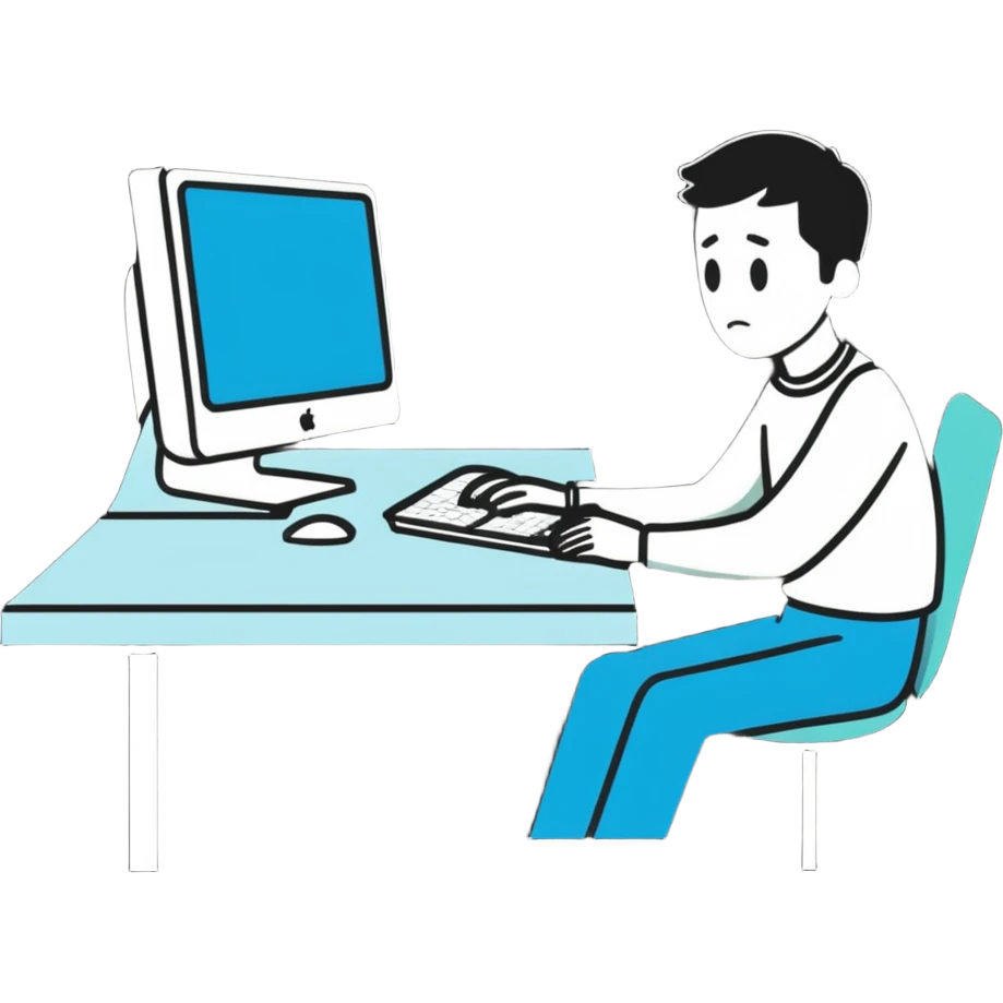 a man sitting at the table with an imac on it, a man sits in a very thoughtful pose emoji