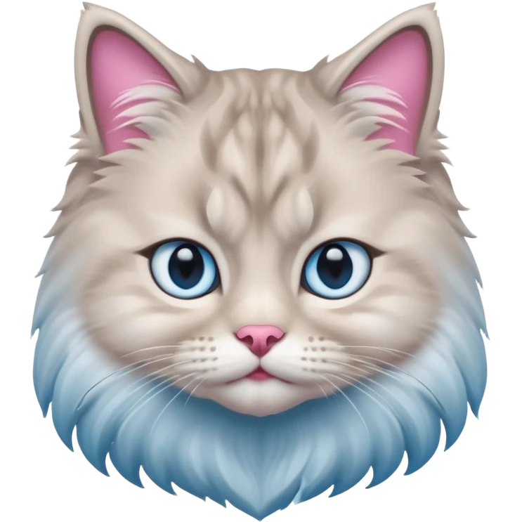 Fluffy Siberian cat face emoji, white and grey long hair, bright blue eyes, pink nose, friendly expression, 3D vector style, isolated on white background. emoji