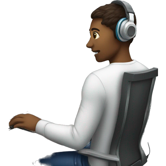 employee with computer desck and headphones alone in room emoji