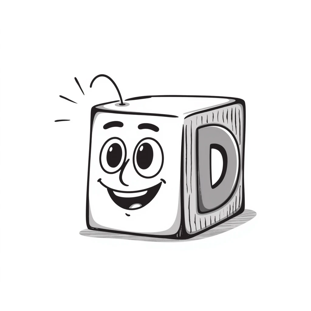 A hand-drawn wooden letter D block with a silly cute expression emoji