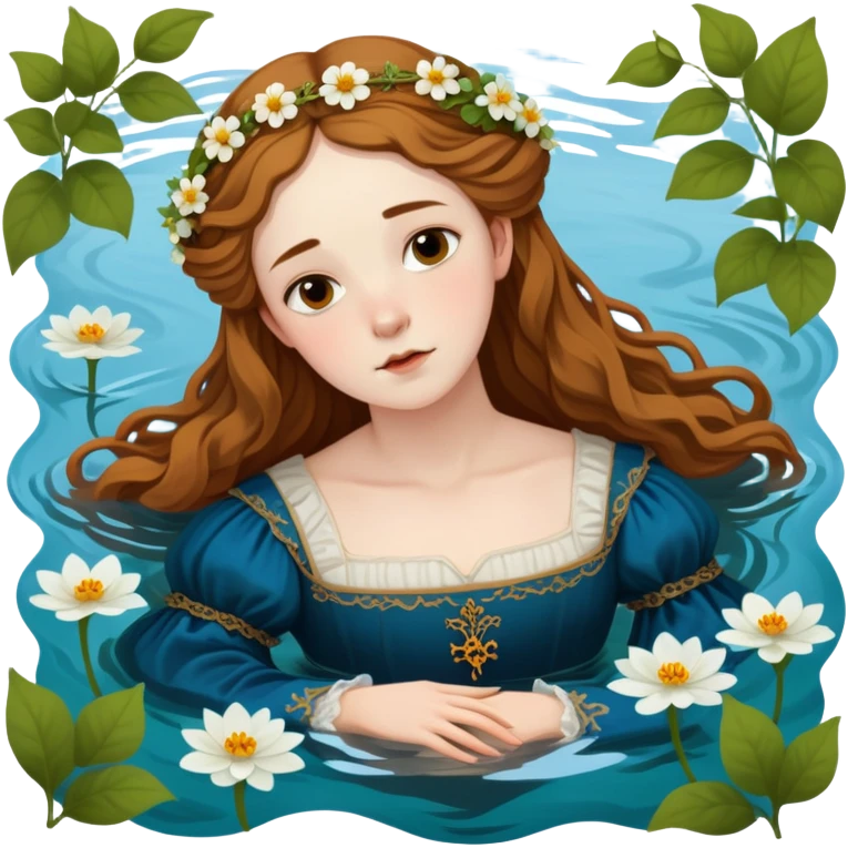Ophelia from Hamlet floating in water surrounded by flowers, with a tragic expression, wearing a medieval dress, based on Millais painting and Shakespeare's character emoji