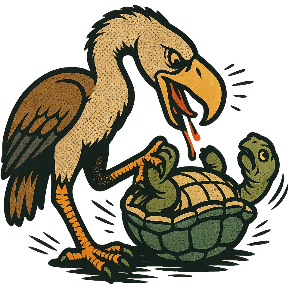 an insignia for a flag: a strange foreign alien bird creature, resembling a prehistoric phorusrhacos, gripping a upturned tortoise with a claw with its' beak tearing down into it
 emoji