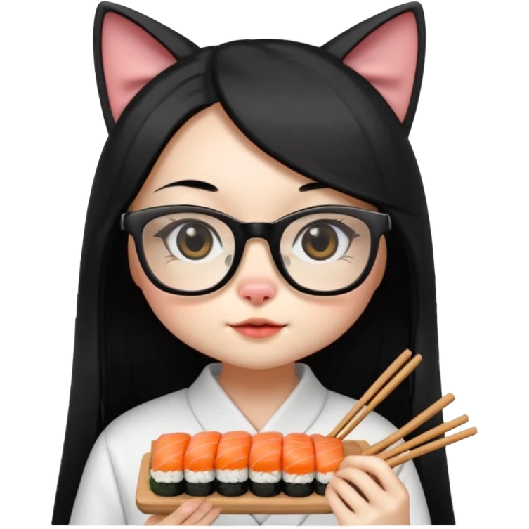 cute girl cat with long straight hair and really big square glasses with super thin frames eating sushi emoji