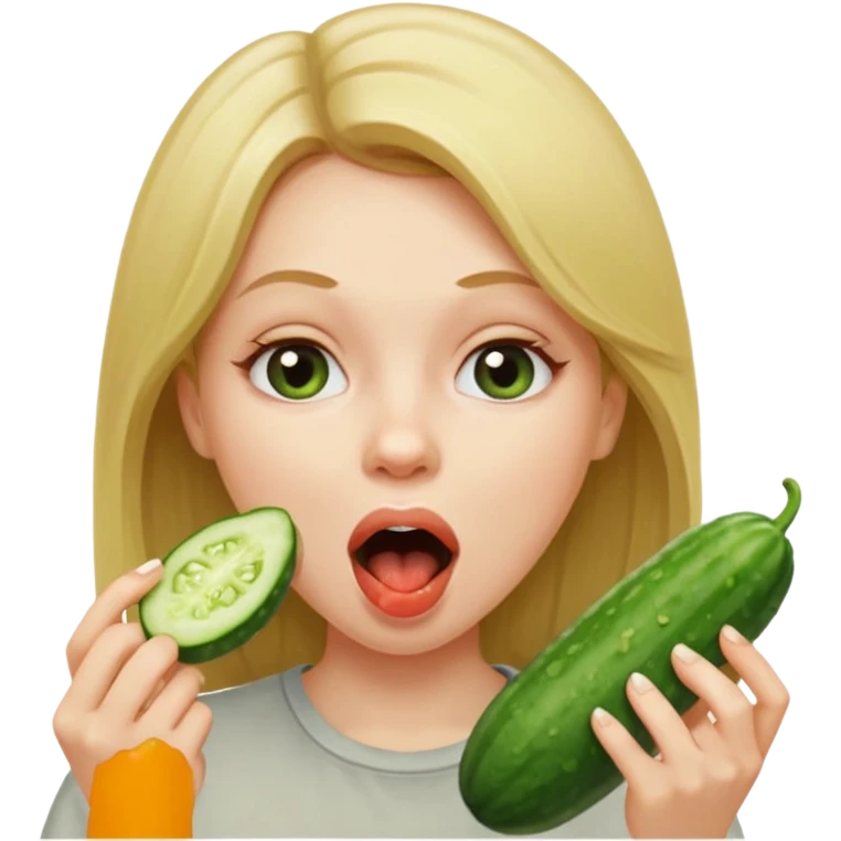 Girl mouth open. Cucumber going into her mouth straight. dirty blonde hair emoji