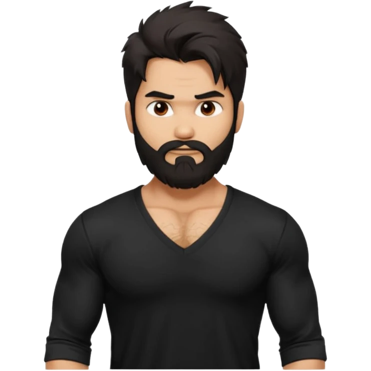 generate a pretty bratz Shahid kapoor with heavy beard and looking angry.
Make him wear a black full sleeve v neck tshirt. muscular but still lean
He shoudl look exactly like Shahid kapoor. Long messy black hair emoji