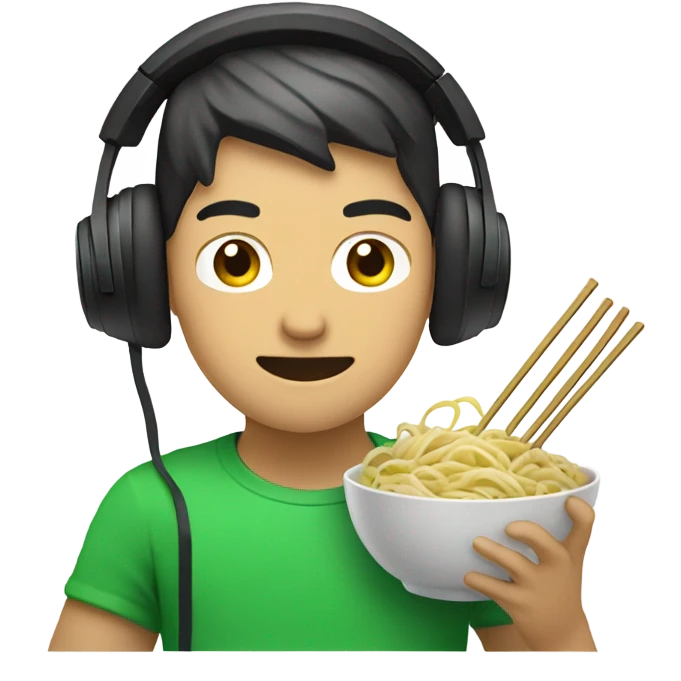 asian guy with green gaming headset eats asian noodels emoji