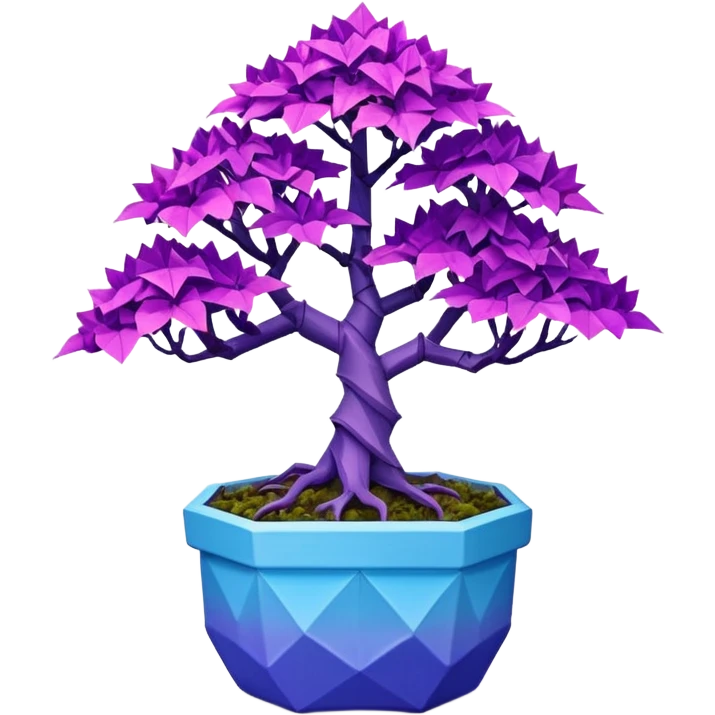 Futuristic alien maples Bonsai hair-fine-leaf group crimson crystal azalea purple and cream blue forest planting in origami style pot  emoji