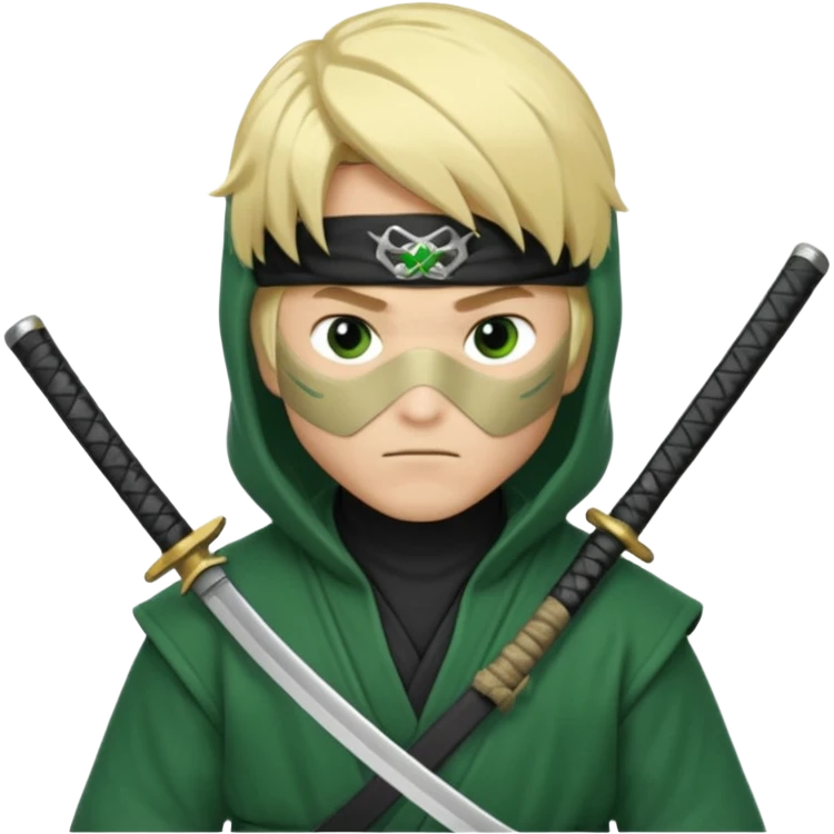 Green ninja Lloyd garmadon blonde hair, kaptur hoody on his head but blonde grzywka visible; the bottom left one is best (the one without miecze + black band + no mask of face) but add miecz; I want no band on head  emoji
