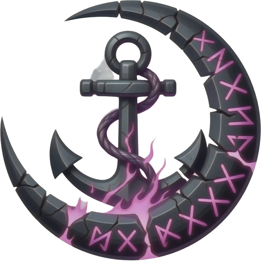 „blackened crescent‑moon fused with a jagged anchor, cracked runic engravings glowing violet, thin pink curse‑energy leaking like burning veins, soft moonlight catching the cracks, drifting shadow‑mist, ultra‑detailed, black‑violet‑pink palette, no characters“ emoji