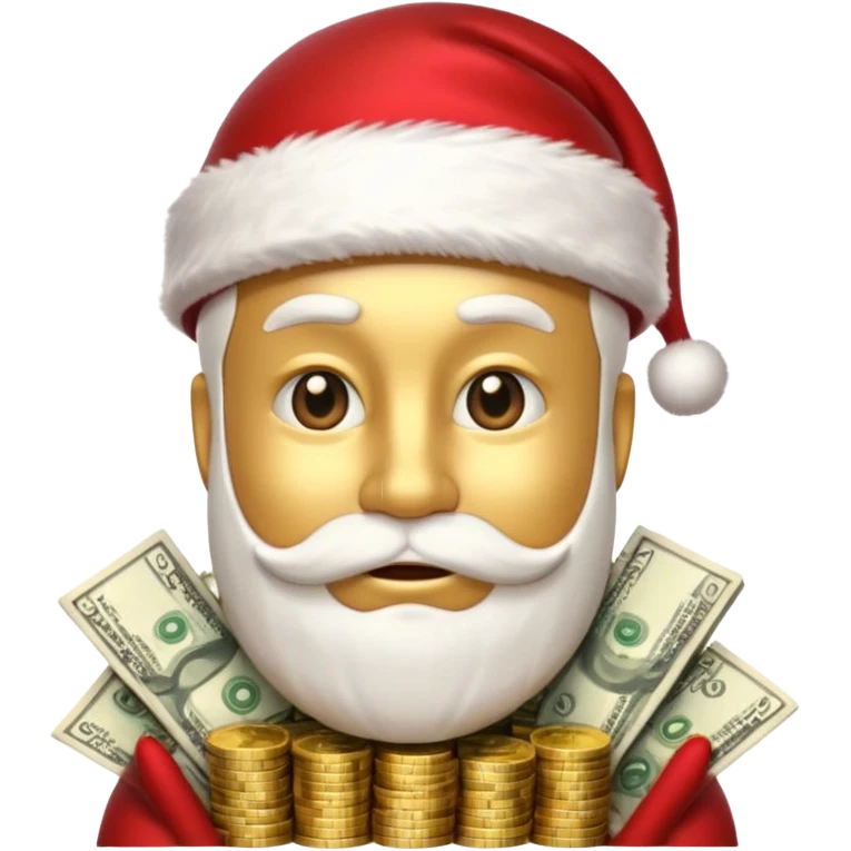 A confident rich emoji face wearing a Santa hat, money stacks, casino vibe, New Year theme, premium 3D emoji style, sharp details, no text, isolated on transparent background emoji