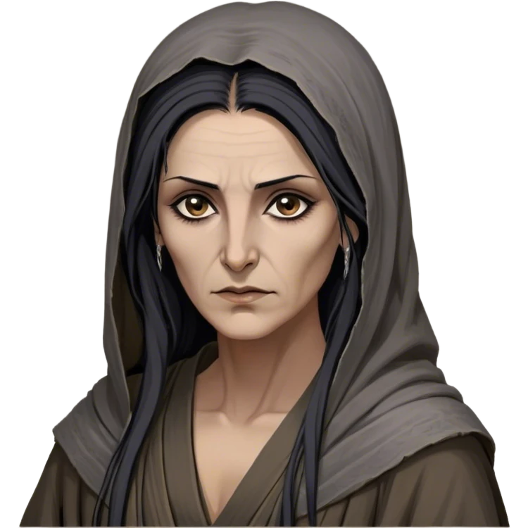 Mirri Maz Duur is a weathered, age 50 Lhazareen woman with deep-set dark eyes, high cheekbones, and a sharp nose, giving her a stern, knowing expression. Her long, unkempt dark hair streaked with gray falls loosely over her shoulders, and her earth-toned, tattered robes mark her as a humble healer. Despite her frail appearance, she exudes an aura of mystery and menace, her hands stained with herbs and blood from both healing and dark sorcery. emoji