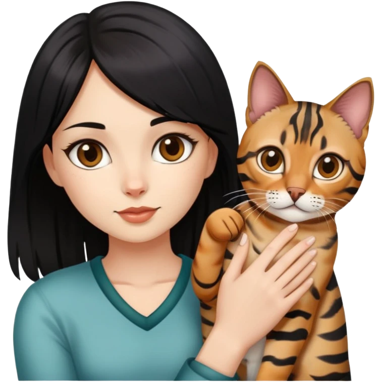 white skin girl with black strait hair and brown eyes with bengal cat on her hand emoji