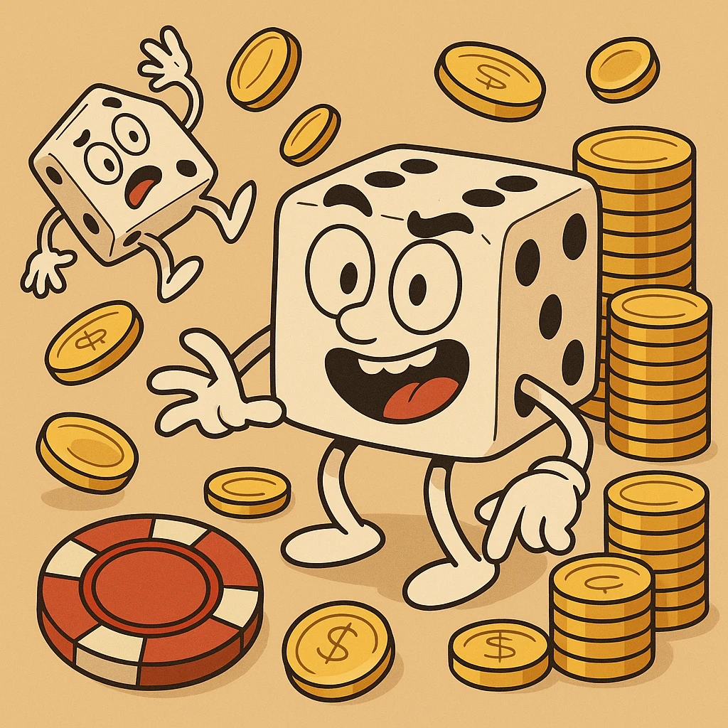 casino theme, dice and gold coins, cartoon style emoji