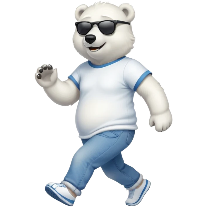 friendly anthropomorphised polar bear in jeans and a t-shirt, wearing dark sunglasses, jogging upright, relaxed pose emoji