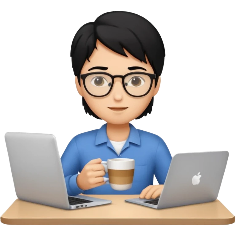 Working remote with coffee with black hair, not so white emoji