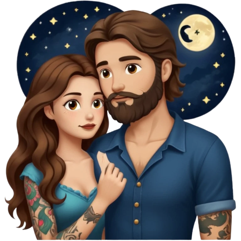 woman with long wavy brown hair tattoos and bearded man, she holds his chin, close flirty stare, moonlight glow emoji