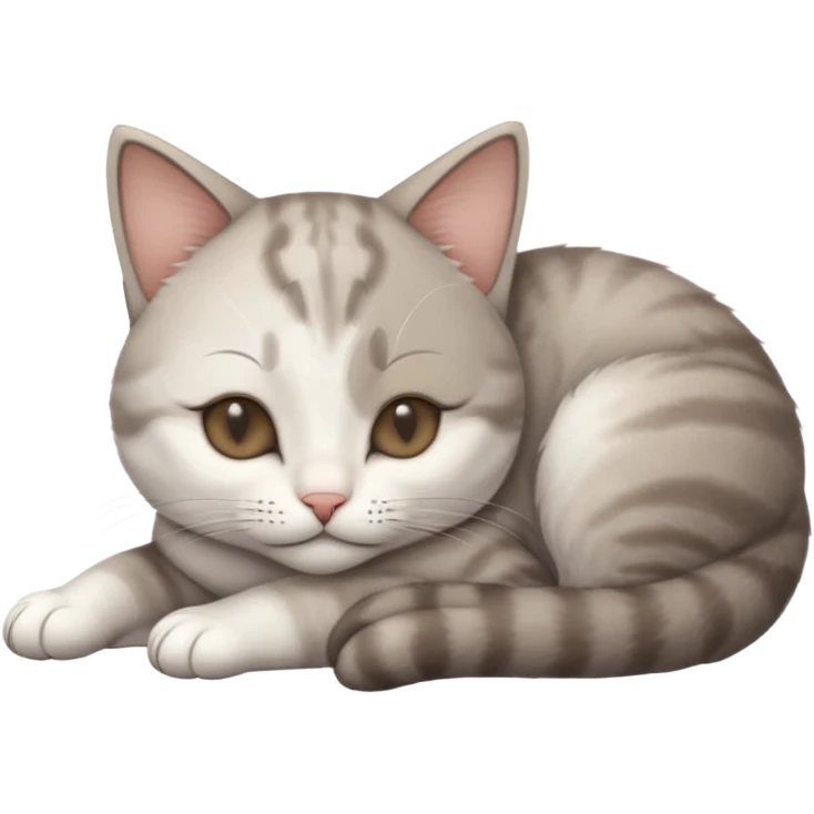 grey and white small cat with eyes closed lying down upside down with its head resting own paw emoji