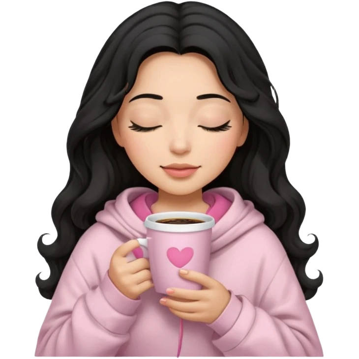 hispanic woman, black long wavy hair , closed eyes, feminine face, holding soft pink coffee cup wearing white Hoodie with pink blanket over shoulders emoji