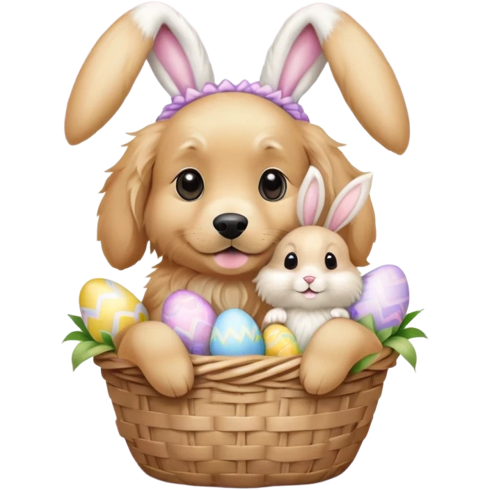 Golden retriever dressed like an Easter bunny with white ears holding an Easter basket with a bunny in it emoji