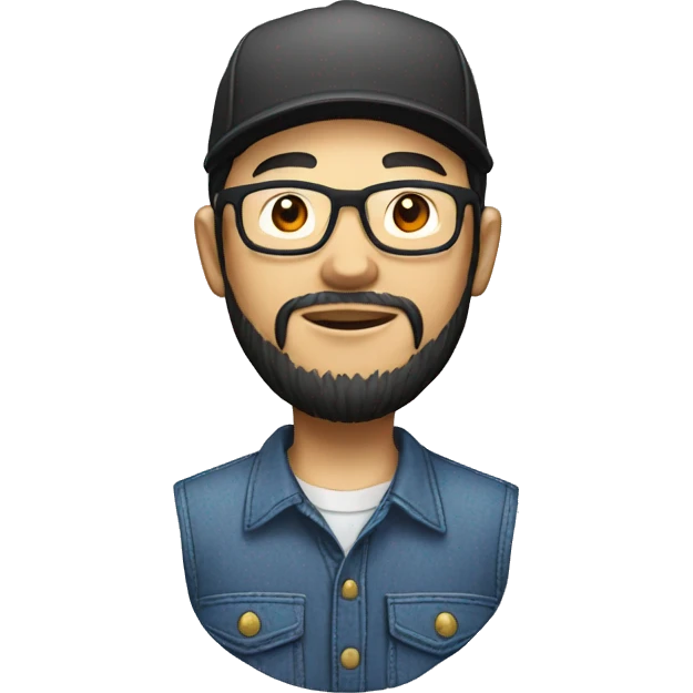An Asian man with a beard and glasses, wearing overalls over a button-up shirt and a dark cap with a red letter "M" design emoji
