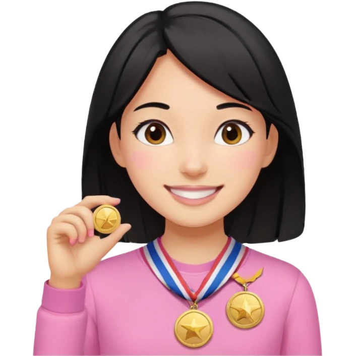 black haired girl wearing pastel pink with medals remove any hats, make her smile emoji