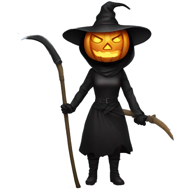 Human female pumpkin hunter with a scythe, glowing pumpkin eyes inside a black helmet, Halloween theme, emoji emoji