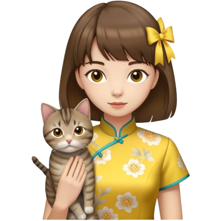 girl with brown hair and bangs wearing yellow qipao with gray tabby cat emoji